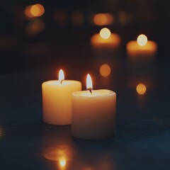 Two lit candles on a dimly lit surface, surrounded by soft, glowing bokeh lights, creating a warm ambiance.