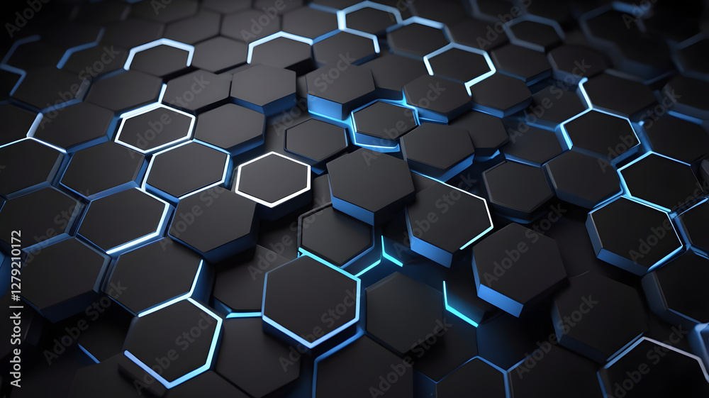 Poster futuristic hexagons: an abstract composition of interconnected dark hexagonal tiles with bright blue