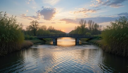 Fototapeta premium Serene Sunset Over Tranquil River with Bridge and Lush Vegetation