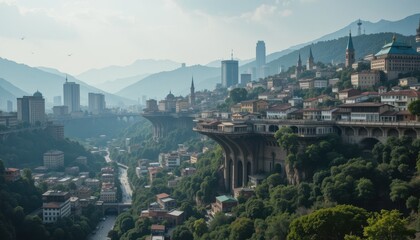 Obraz premium Scenic Aerial View of Modern City Built on Mountainous Landscape