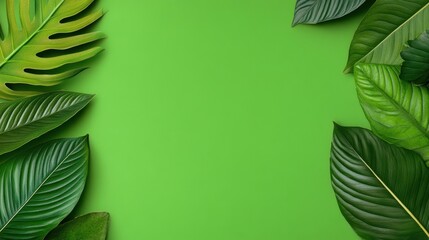 Fototapeta premium Overhead shot of a vibrant green background with an abstract border of tropical green leaves, creating a fresh, natural frame. The composition
