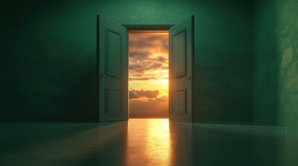 Open Door Reveals Sunset Landscape And Sky