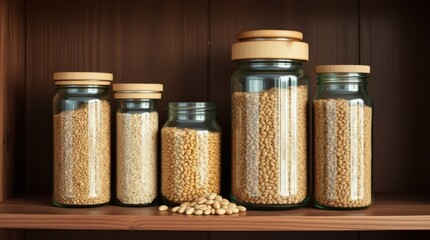 Pantry staples stored in glass jars with wooden lids, neatly arranged on a dark wood shelf.