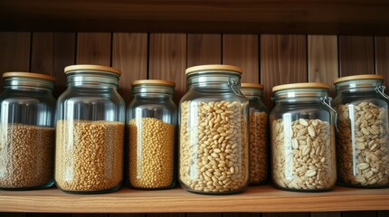Pantry staples: Assorted grains and legumes stored in glass jars on a wooden shelf.