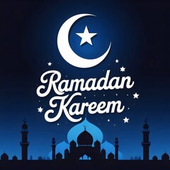 Ramadan Kareem Text with Crescent Moon, Stars, and Mosque Illustration on Gradient Background