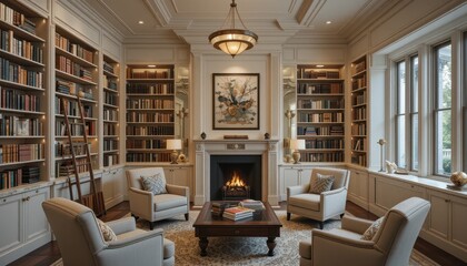 Fototapeta premium Cozy library interior with bookshelves and comfortable seating area