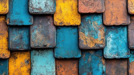 Colorful aged roof tiles close-up, architectural detail, weathered texture
