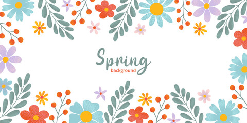 Spring or summer frame decorated hand drawn flowers, leafy greenery, berries with grainy textures. Perfect for seasonal branding, nature inspire wall art, banner, poster, social media.