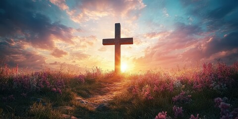 Sunset over a cross in a blooming field with vibrant flowers and a colorful sky