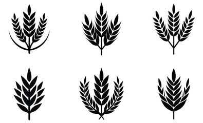Six symmetrical black and white silhouettes of wheat ears against a white background.