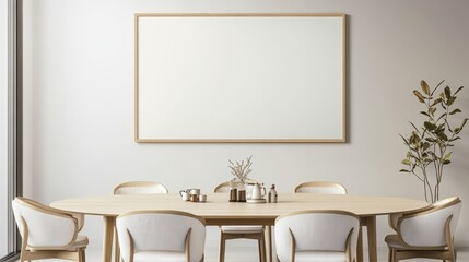 Modern Dining Area With Wooden Table Surrounded by Upholstered Chairs and Decorative Plants in a Minimalist Space
