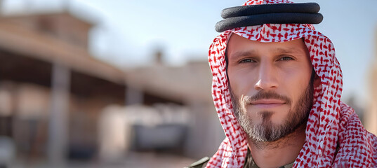 Arabian man portrait, traditional headwear, Middle Eastern architecture background, cultural diversity, travel photography