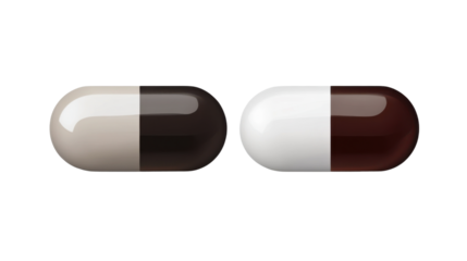 A two-tone pill, one half dark brown and the other half white, isolated on a transparent background.
