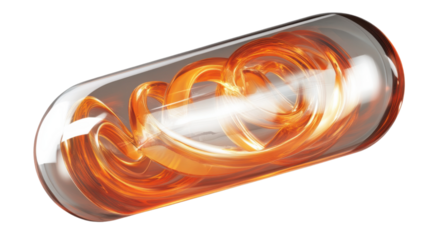 A transparent capsule with a swirling pattern of orange and white inside, isolated on a transparent background.