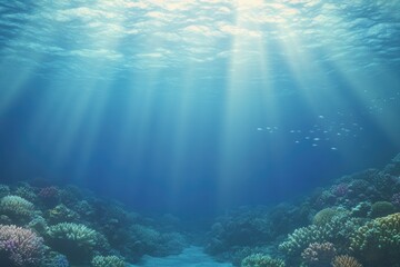 Fototapeta premium Underwater scene with vibrant coral reefs illuminated by sunligh