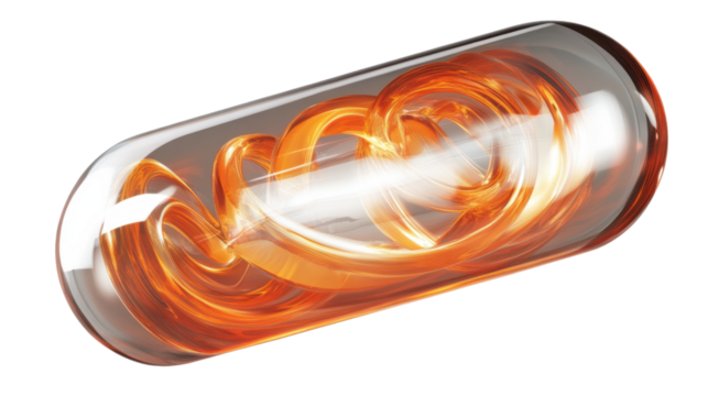 A transparent capsule with a swirling pattern of orange and white inside, isolated on a transparent background.