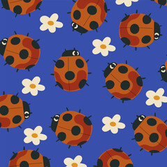 Spring vector illustration. Сute pattern with spring insects and flowers. Cartoon ladybug for kids textile, packaging, wrapping paper, wallpaper, for print on the wall, baby wear