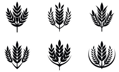 Six symmetrical black and white silhouettes of wheat ears against a white background.