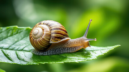 snail slowly making its way across green leaf, showcasing its delicate shell and slimy body