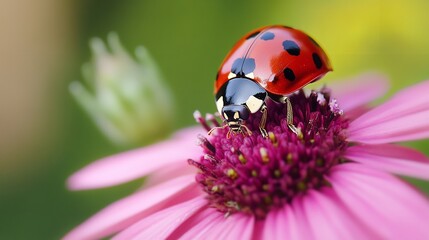 Fototapeta premium A Ladybug's Golden Perch: A Close-Up View of a Ladybug, with its Distinctive Red and Black Markings, Resting on the Petals of a Vibrant Yellow Flower, Capturing a Moment of Natural Harmony.