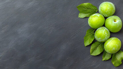 Fresh green plums on dark slate background, food blog header