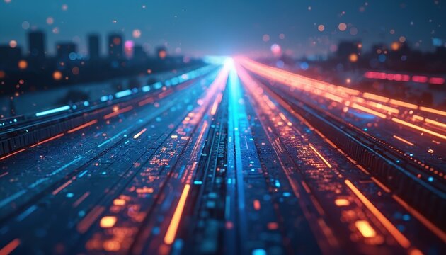 Abstract highway with orange, blue data streams represents internet connectivity. Futuristic information superhighway with neon light trails, glowing data flow high speed, tech. Perfect for digital