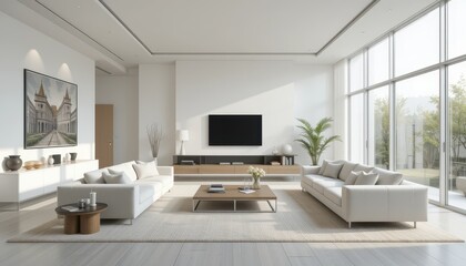 Modern Bright Living Room with Large Windows and Minimalist Decor