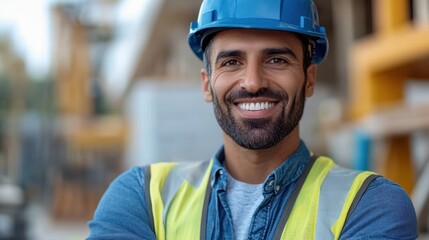 Confident construction site manager overseeing project with a smile