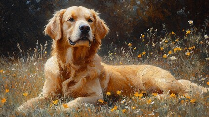 Golden retriever relaxing in a flower field nature pet portrait outdoor close-up shot serenity