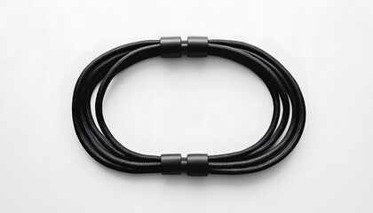 Fototapeta premium Braided black cable with matte connectors forms an oval shape