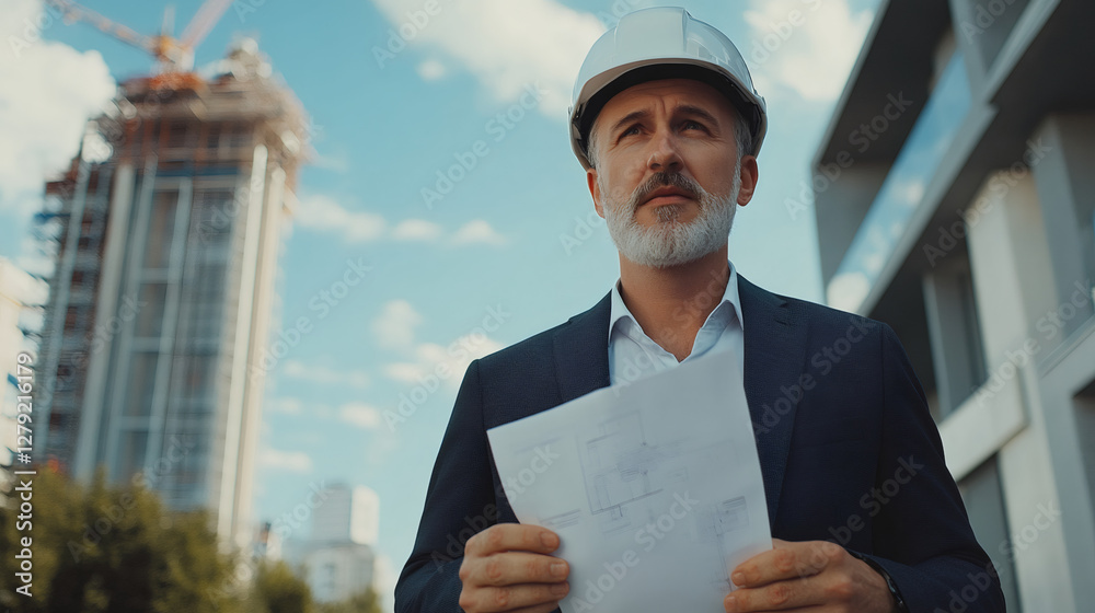 Poster professional architect in hardhat and suit overseeing construction, reviewing blueprints at active b