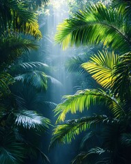 Fototapeta premium Exploring lush tropical jungle nature landscape sunlight filtering through palm leaves serene environment close-up view