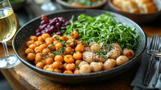 Inviting meal presentation with fresh greens and beans on a warm dining table
