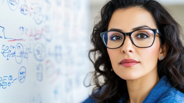 Portrait of a woman with dark curly hair wearing glasses, against a whiteboard with mathematical equations. She is dressed in a denim shirt. The