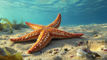 starfish resting on sandy ocean floor, surrounded by marine life and sunlight filtering through water