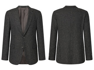 Portrait of men's suit jacket ( blazer ) isolated in white background, invisible ghost mannequin. Fashion industry high-quality studio shot photography. Front and back view.