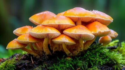 Magical Fungi Cluster Dew Droplets Lush Moss Woodland Background