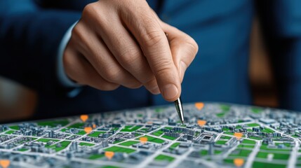 Close up view of a hand wearing a blue suit using a pen to point at a detailed three dimensional city map. The map has orange markers highlighting