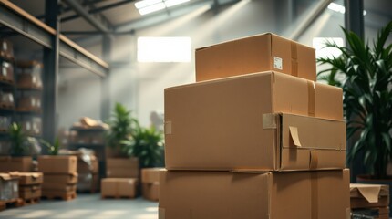 Stacked cardboard boxes in a warehouse setting, bathed in soft light, ready for distribution.