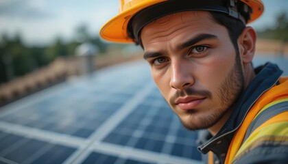 Fototapeta premium A focused technician examines solar panels while wearing a hard hat and safety gear, ensuring optimal performance on a sunny day at a sustainable energy facility