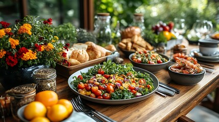Cozy wooden dining table with a freshly prepared vegetarian meal