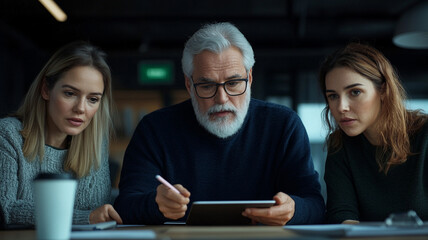 Collaborative meeting with three professionals discussing ideas. group is focused, analyzing data on tablet, showcasing teamwork and engagement in modern office environment