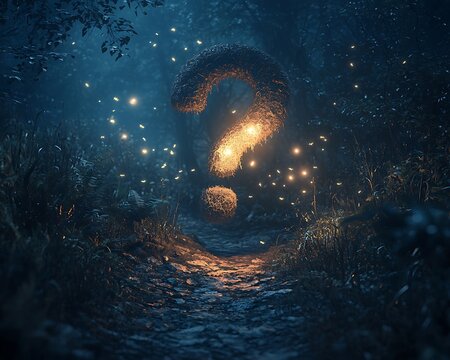 Glowing question mark path, night forest