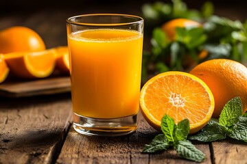 Fototapeta premium Refreshing glass of orange juice on a rustic wooden table, surrounded by fresh oranges and vibrant green foliage, capturing the essence of a healthy and natural breakfast
