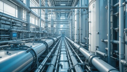 Shiny metal pipes snake through an expansive industrial space, illuminated by natural light filtering through large windows. The scene highlights the complexity of modern engineering and design