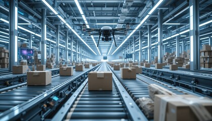 Naklejka premium A drone navigates through a modern warehouse, overseeing a bustling network of conveyor belts, where numerous packages are being sorted efficiently, highlighting advanced logistics technology