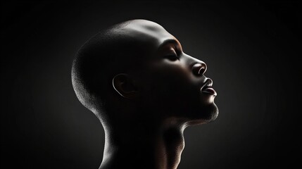 Serene profile of a young Black man, bathed in dramatic light against a dark background.