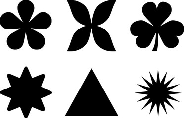 Simple Black Silhouette Shapes of Flowers, Clover, Star, spiked starburst and Triangle