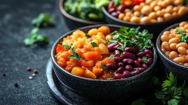 Freshly prepared healthy food with vibrant vegetables and hearty beans
