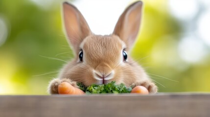 Fluffy brown bunny enjoys a cart full of fresh veggies in nature